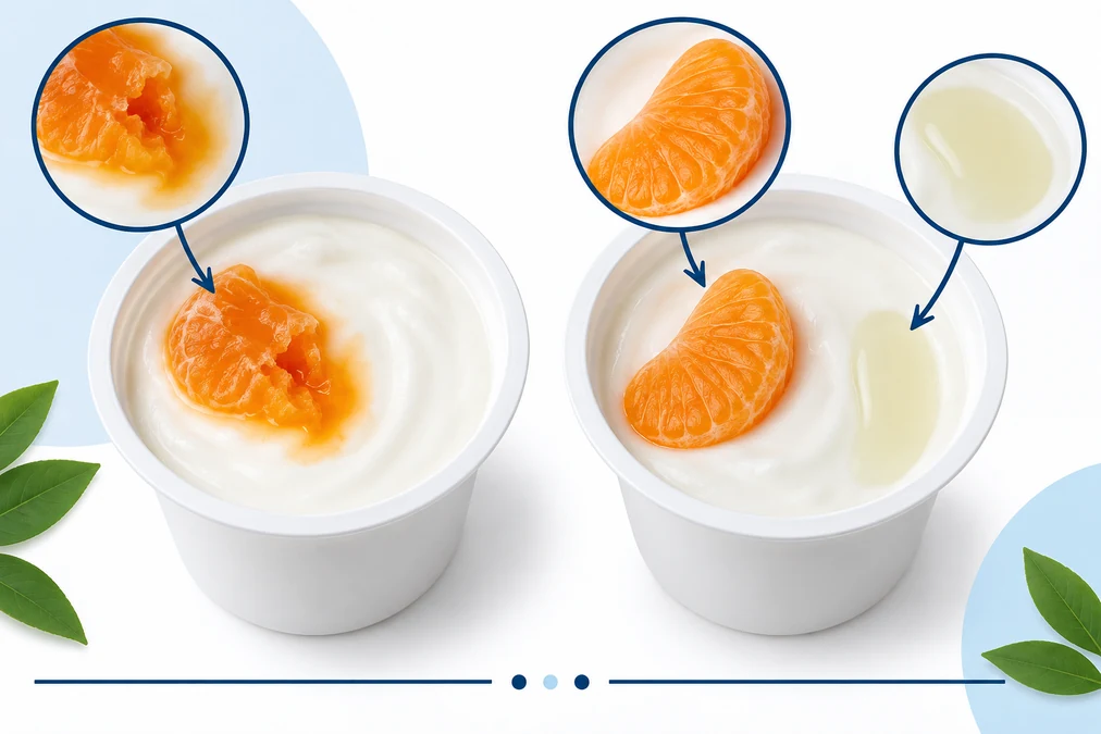 Pengamatan sari mandarin dan whey yogurt Dua cup yogurt ilustratif yang membedakan cairan buah jingga dan whey jernih pucat