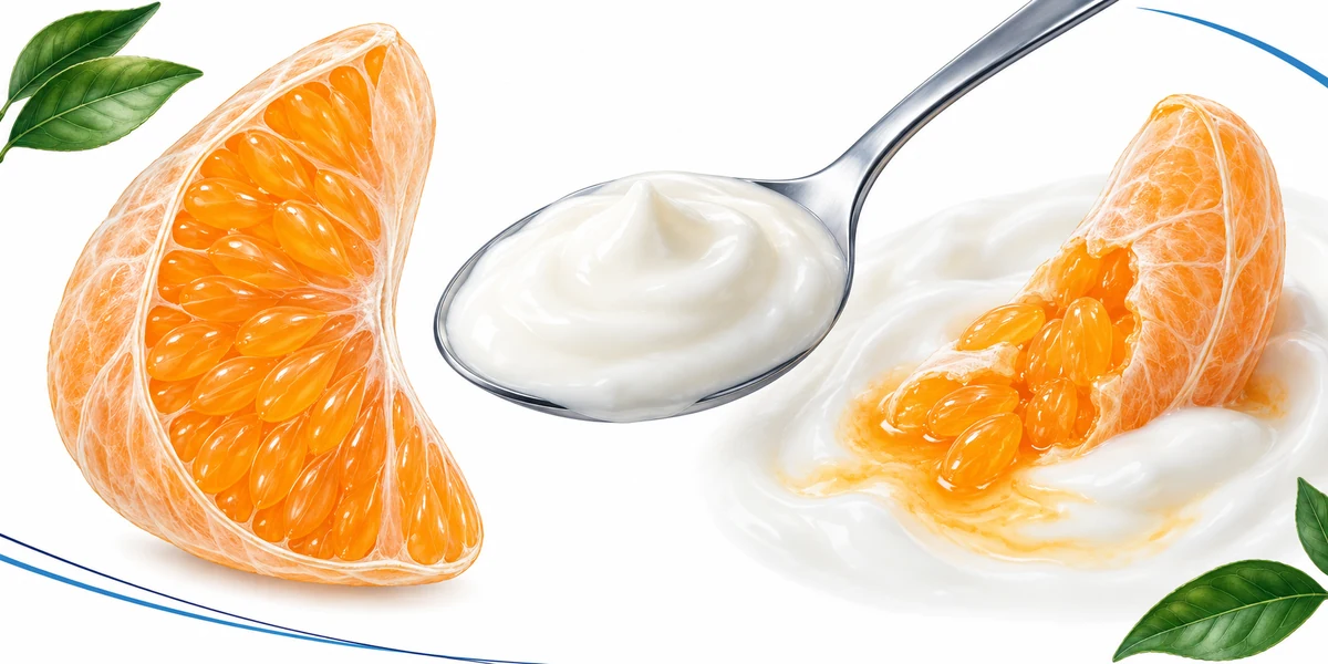Membran mandarin dan kantung sari Ilustrasi penampang segmen mandarin dengan membran dan kantung sari di samping yogurt