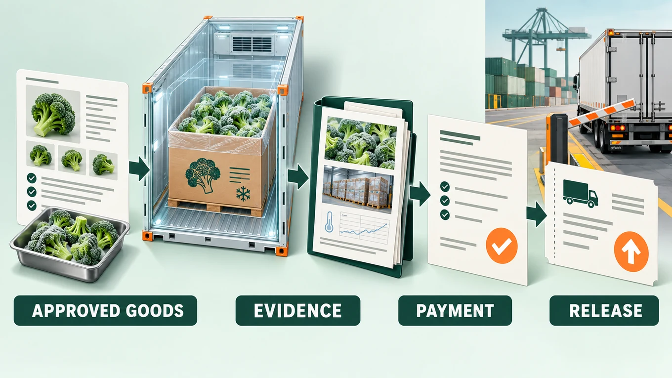 Mercancías aprobadas, pruebas, pago y liberación Pedido conceptual de brócoli congelado que vincula mercancías aprobadas, pruebas, pago y liberación de carga