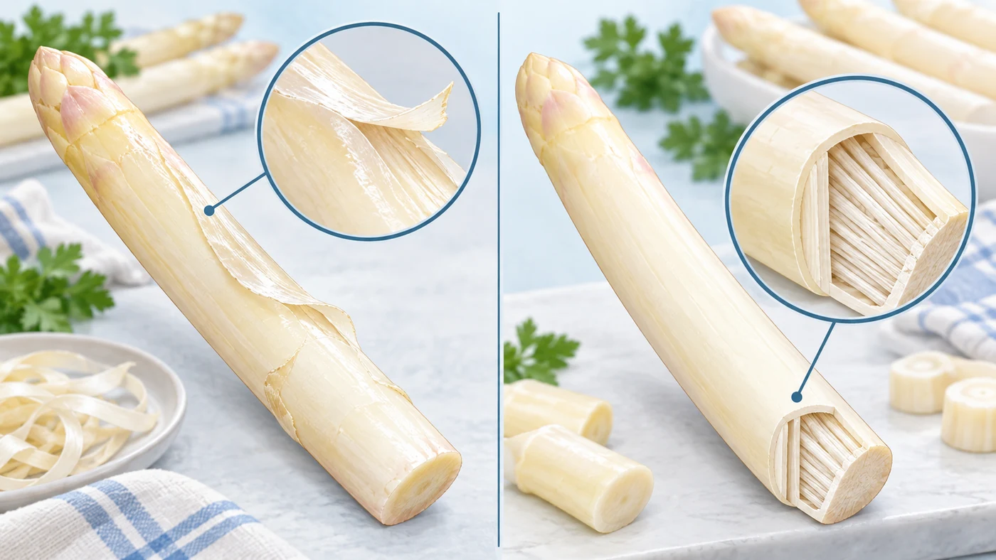 Separate peel coverage from fibre in the cooked bite Conceptual cutaway shows removable outer peel separately from the spear interior and fibrous cut face