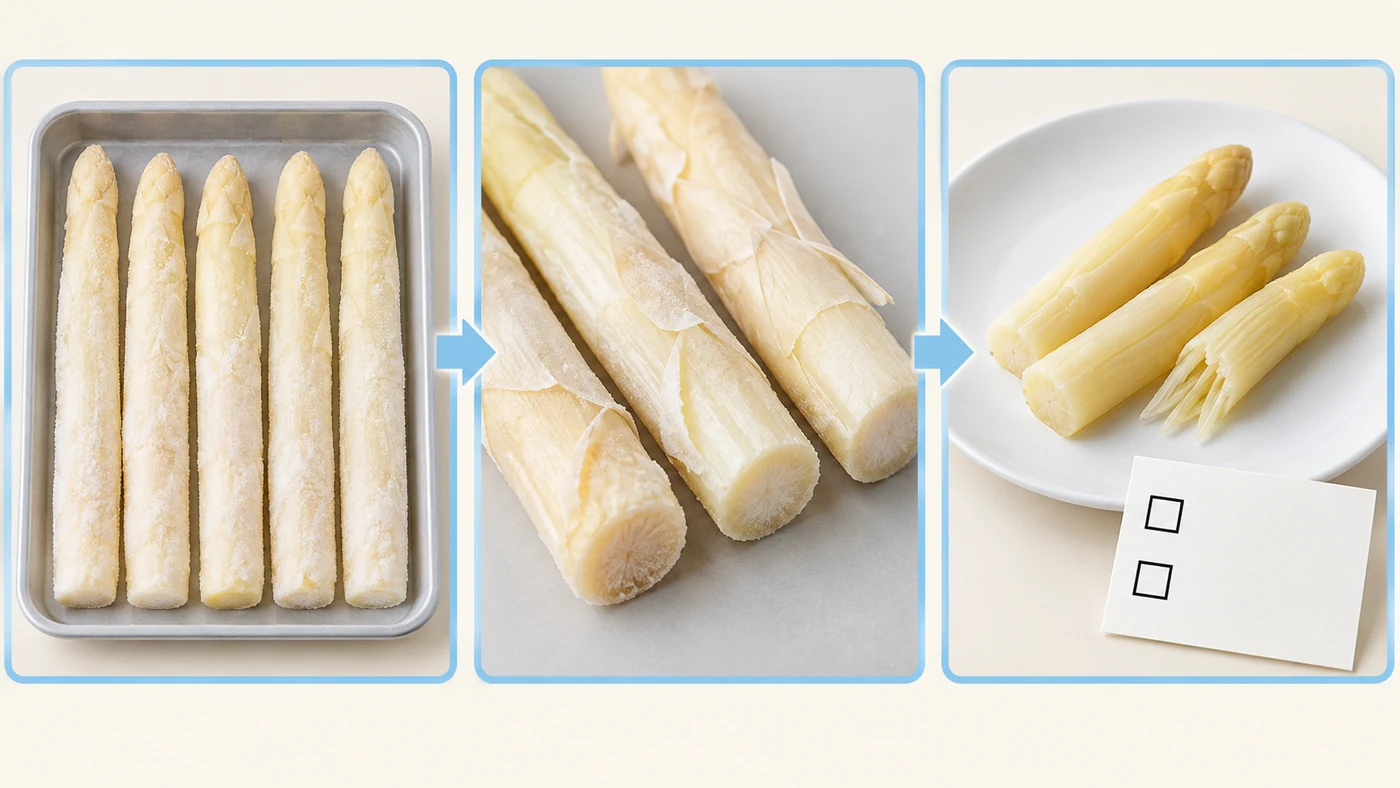 Keep surface and cooked-texture observations separate Conceptual three-stage sequence separates whole-spear inspection, a cut-face view and a served cooked sample