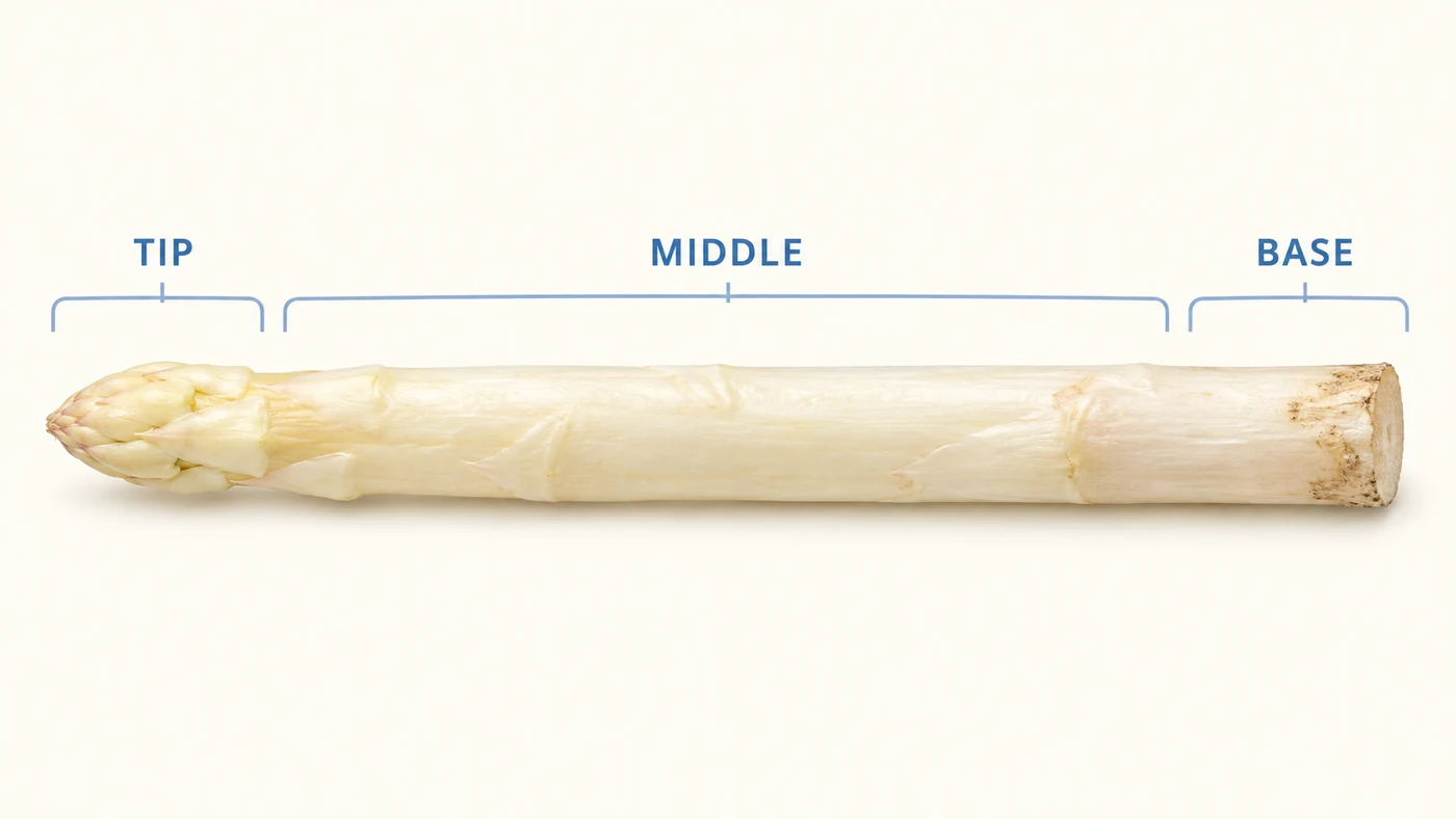 Locate where a tough bite occurs on the spear A conceptual whole white-asparagus spear is divided into tip, middle and base zones for separate observation