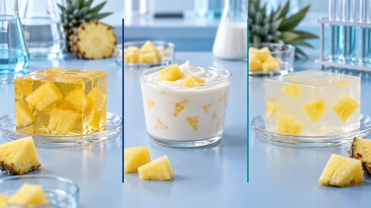Postres de gelatina, lácteos y agar con piña