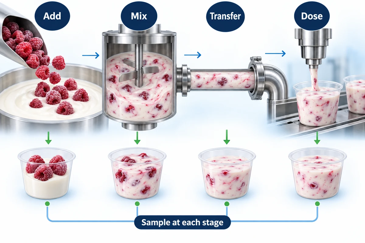 Prélever à chaque transfert de procédé Parcours conceptuel avec prélèvements après ajout, mélange, transfert et dosage.