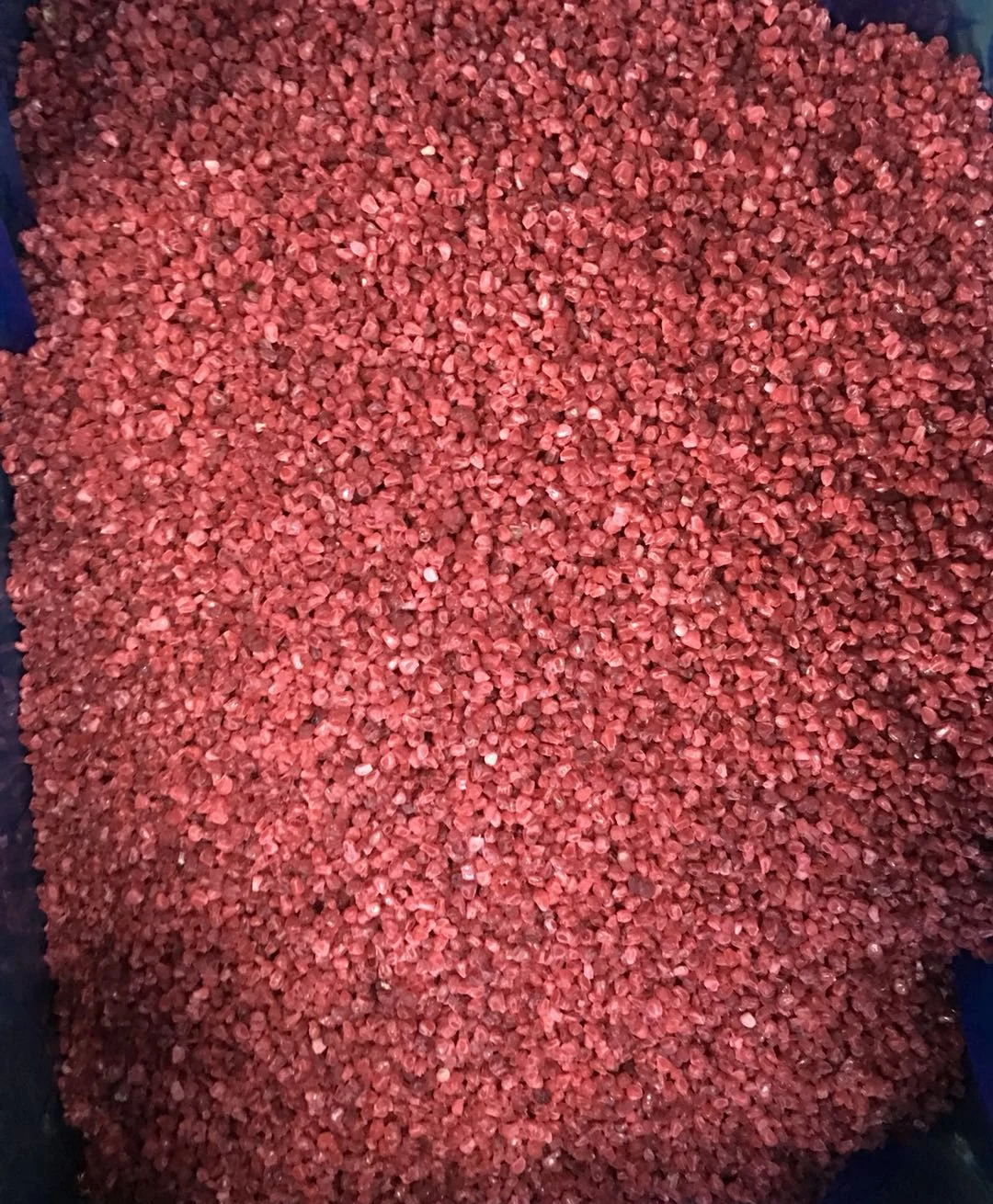 Frozen raspberry crumble form Small frozen raspberry fragments in a product container