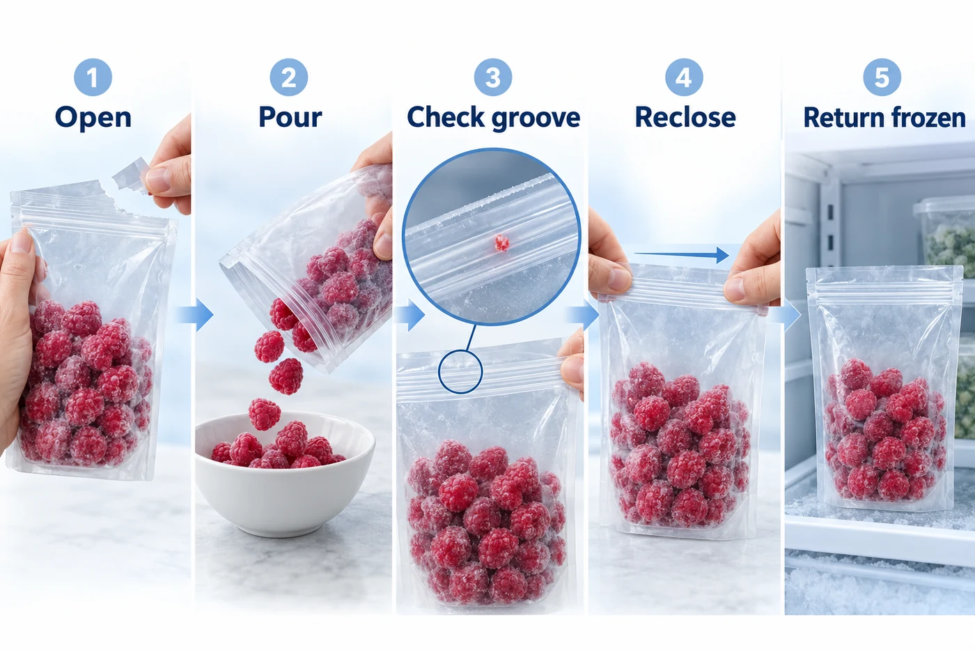 Follow the partly used frozen pouch Frozen raspberry pouch opened, poured, groove checked, reclosed and returned to a freezer