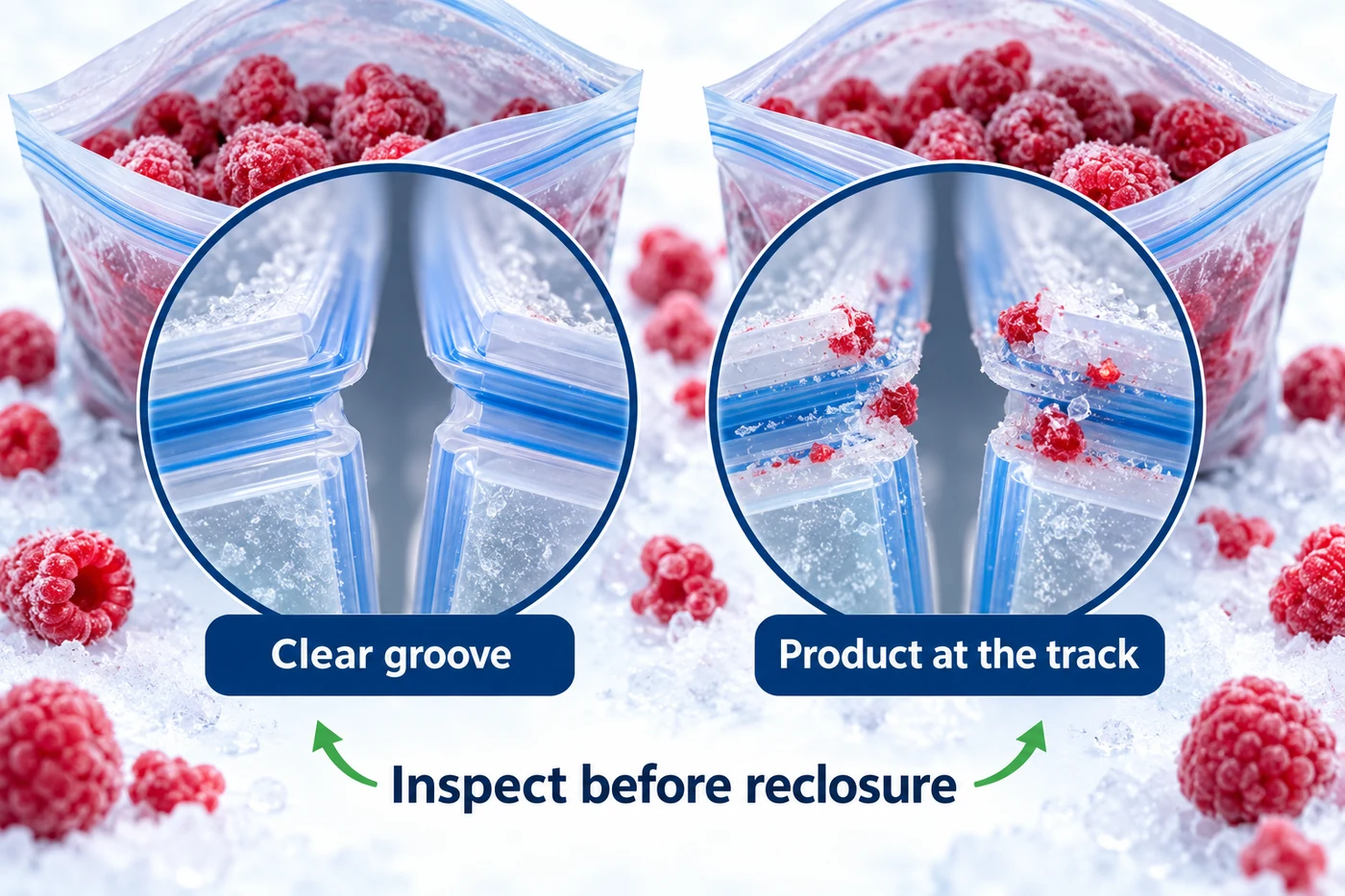 Inspect the open groove before reclosure Two open pouch zipper tracks with a clear groove or visible raspberry particles at the track