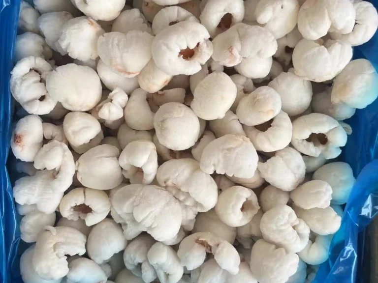 White peeled lychee flesh with visible pitting cavities and surface frost in a plain blue liner