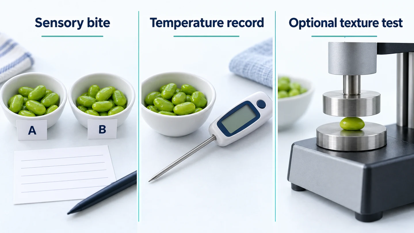 Separate panels show coded sensory notes, a temperature probe, and optional compression testing as distinct ways to assess the bowl sample.