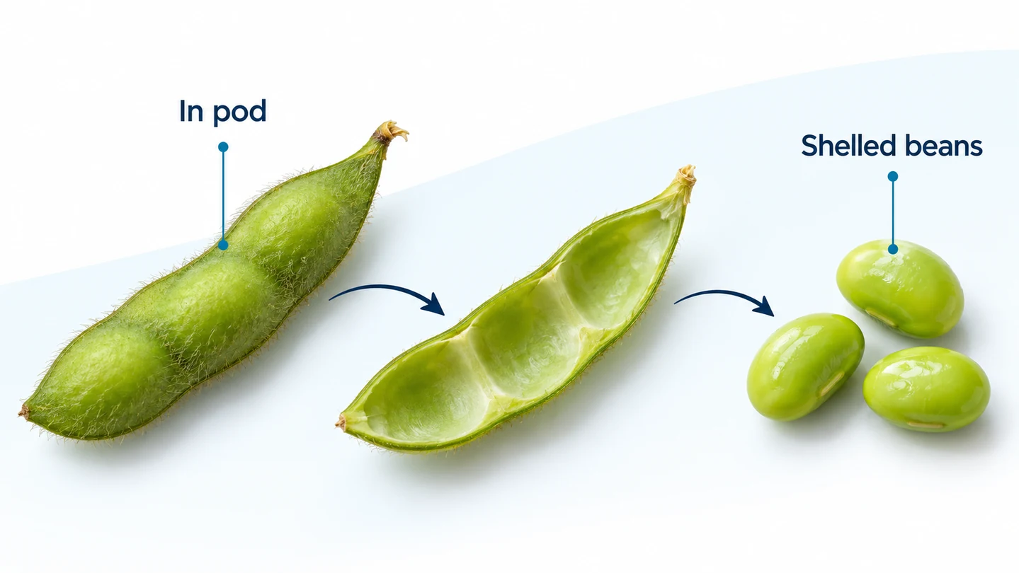 An intact edamame pod opens to reveal shelled beans, clarifying which form the grain-bowl trial evaluates.