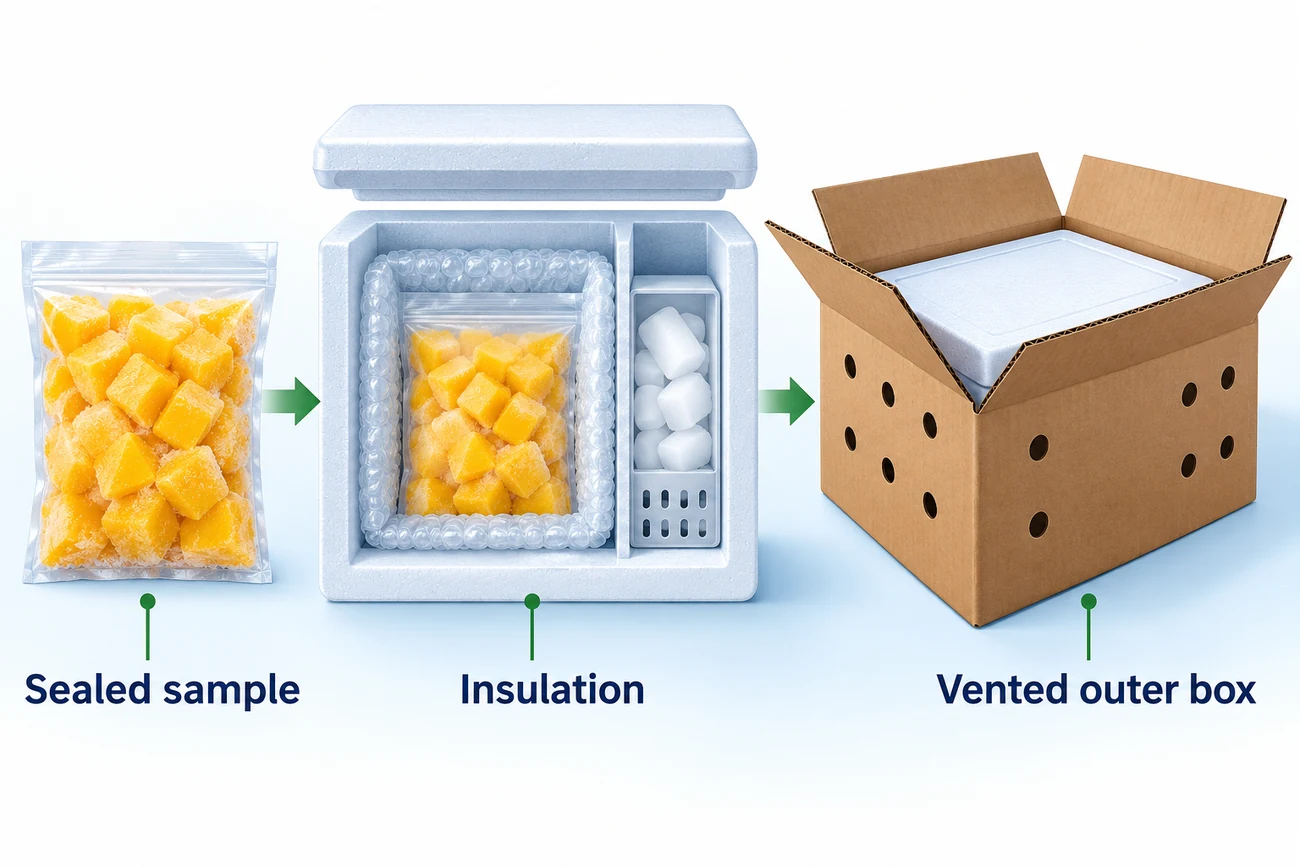 Vista esplosa concettuale di imballaggio con busta sigillata di mango IQF, isolamento e refrigerante separato in un cartone ventilato