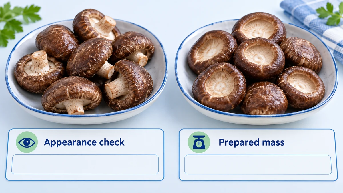 Platos conceptuales de servicio de shiitake colocados en paralelo con registros en blanco de aspecto y masa preparada