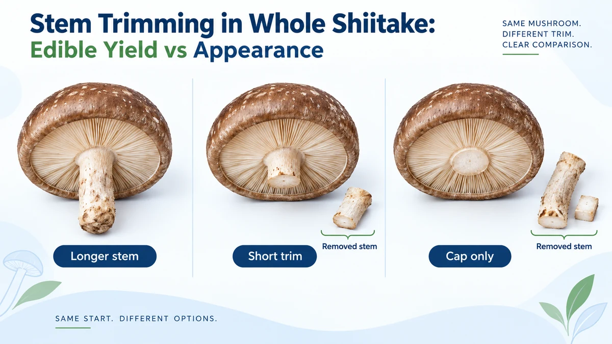 Sombreros conceptuales de shiitake entero de igual tamaño con tallo más largo, recorte corto y recorte de solo sombrero