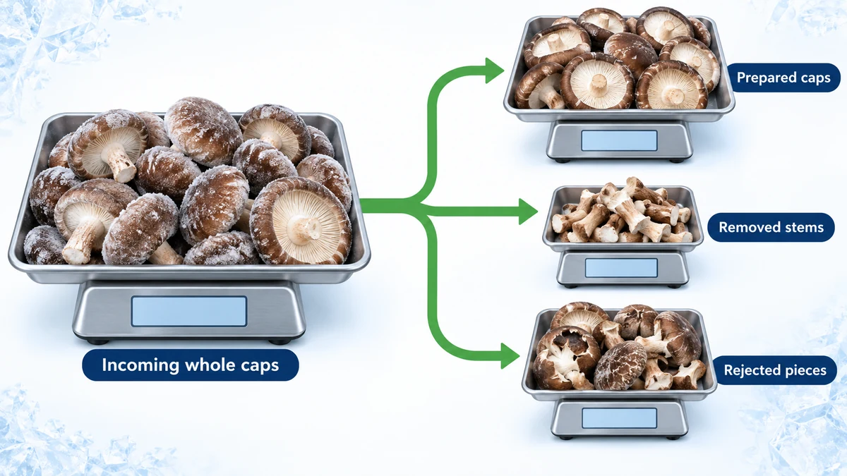 Flujo conceptual de masa desde shiitake entero recibido hasta sombreros aceptados, tallos retirados y piezas rechazadas con balanzas en blanco