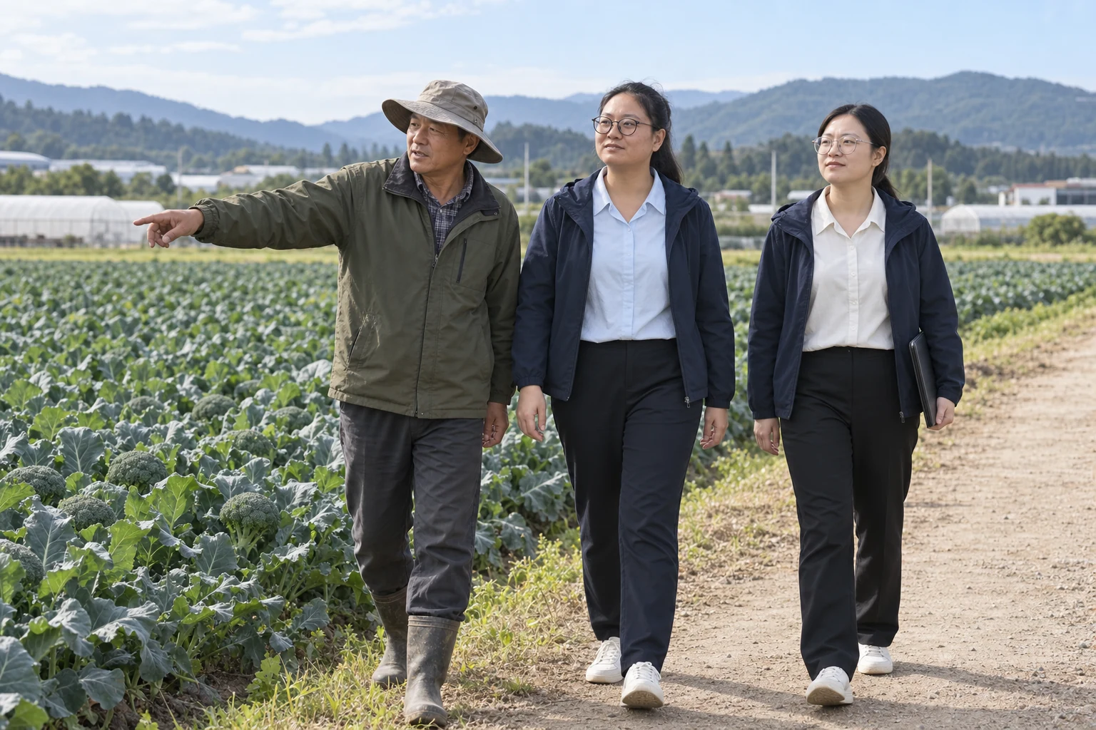 Three people discussing crops beside a broccoli field.