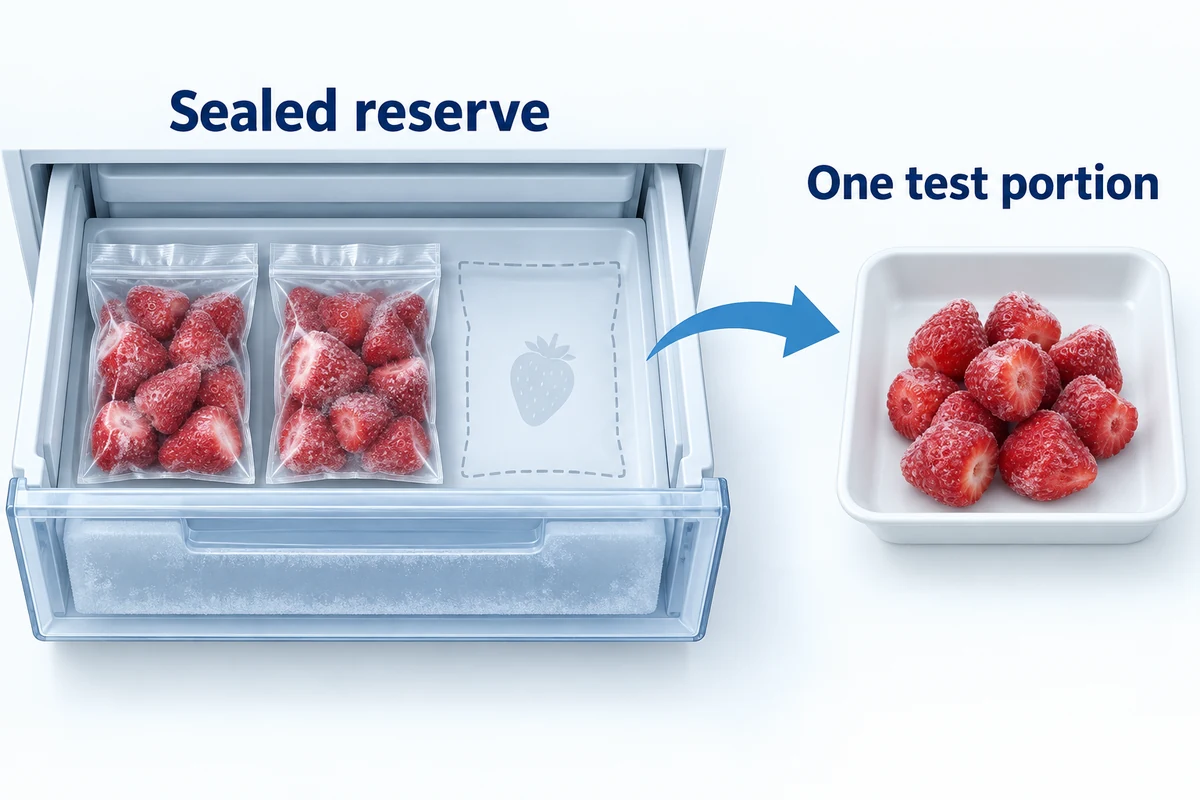 Keep unused reference portions separate from evaluation material Two sealed strawberry pouches remain in a freezer drawer while a separate test portion is shown on an evaluation tray