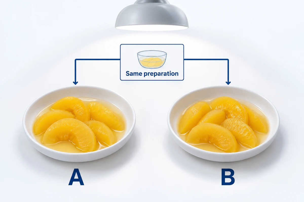 Align preparation and viewing conditions before comparison Two coded dishes of peach slices and liquid share one preparation reference and a common viewing light