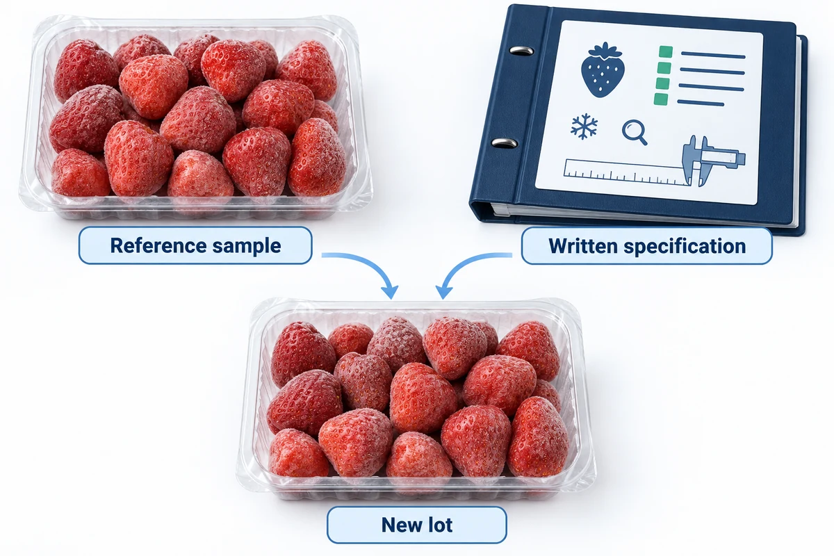 Use the reference sample alongside agreed written requirements A strawberry reference tray and a written specification binder connect to a new lot tray through separate comparison arrows