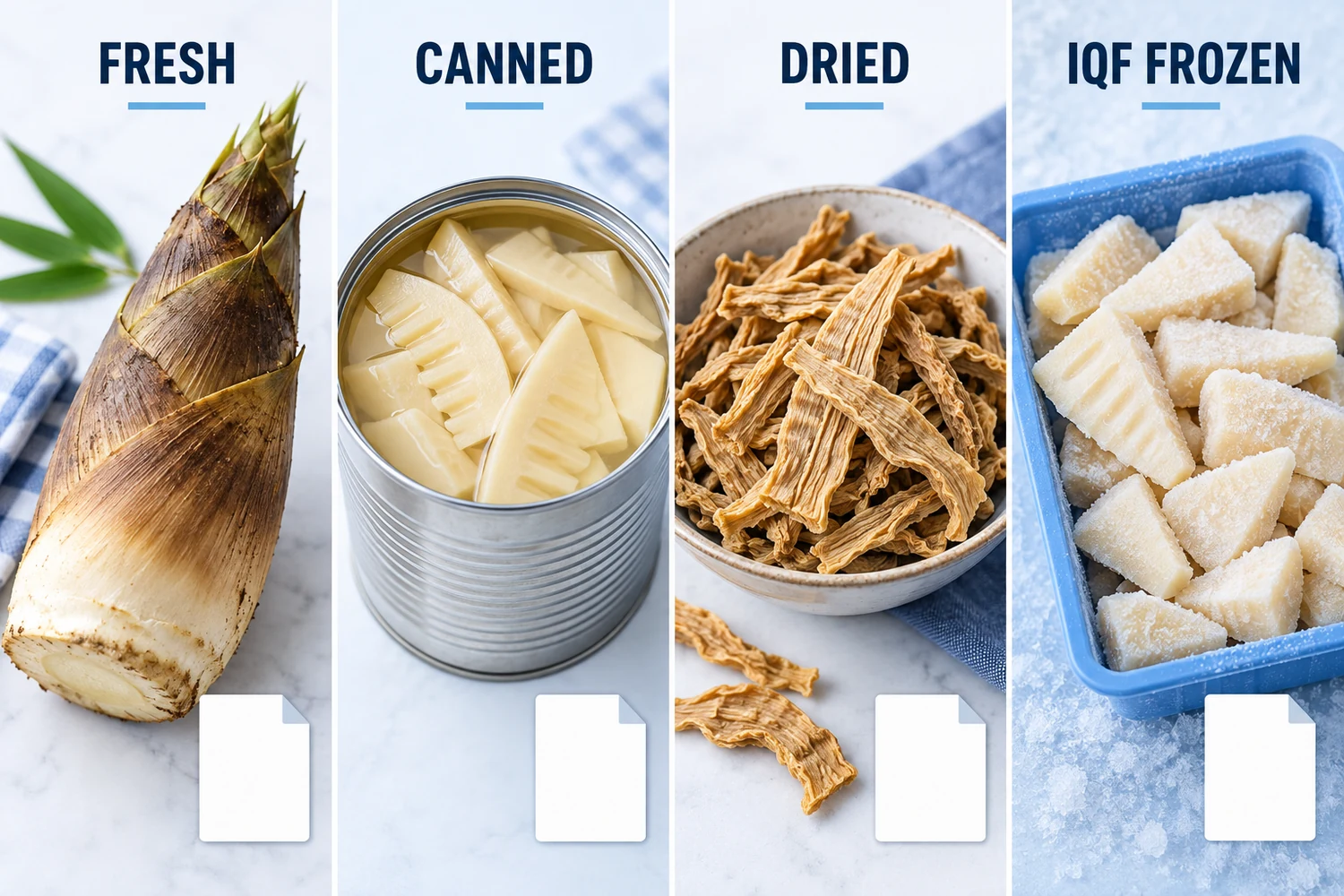 Read the bamboo-shoot form and its preparation history Four conceptual bamboo-shoot market forms: fresh whole, canned slices, dried strips and IQF frozen pieces