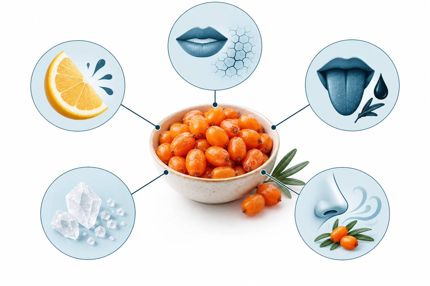 Décrire cinq impressions sensorielles distinctes de l'argousier Bol conceptuel d'argousier relié aux symboles distincts d'acidité, astringence, amertume, douceur et arôme