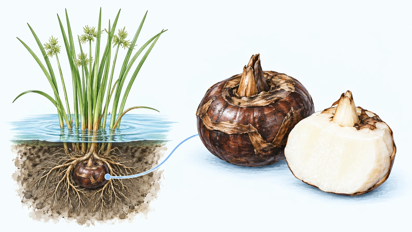 Chinese water chestnut plant and edible corm Botanical illustration links a water-loving sedge to an underground brown corm and its peeled white interior