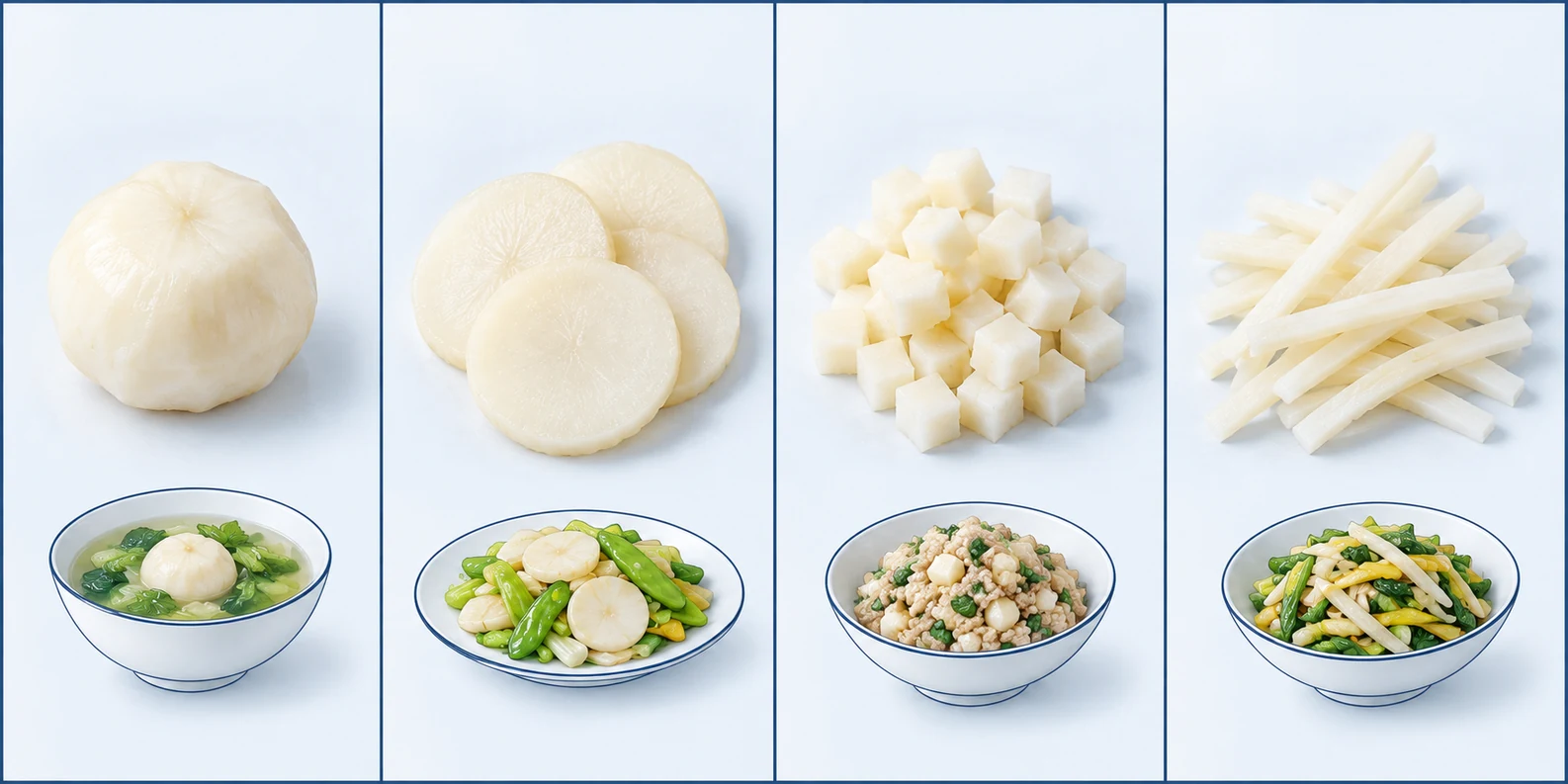 Whole, sliced, diced and strip water chestnut forms Illustrated whole water chestnut, round slices, dice and strips beside different prepared dish examples