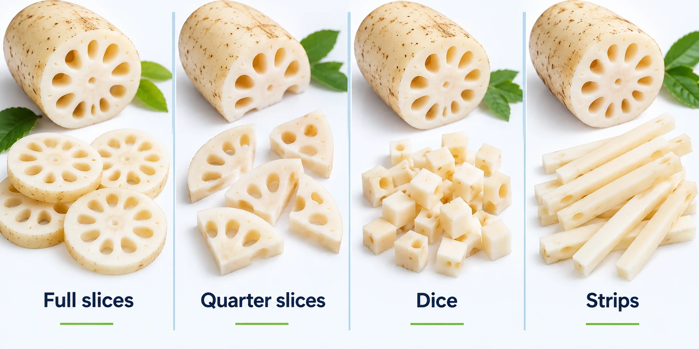 Compare four lotus root cuts by shape and visibility Illustrated lotus root full slices, quarters, dice and strips show four distinct cut geometries