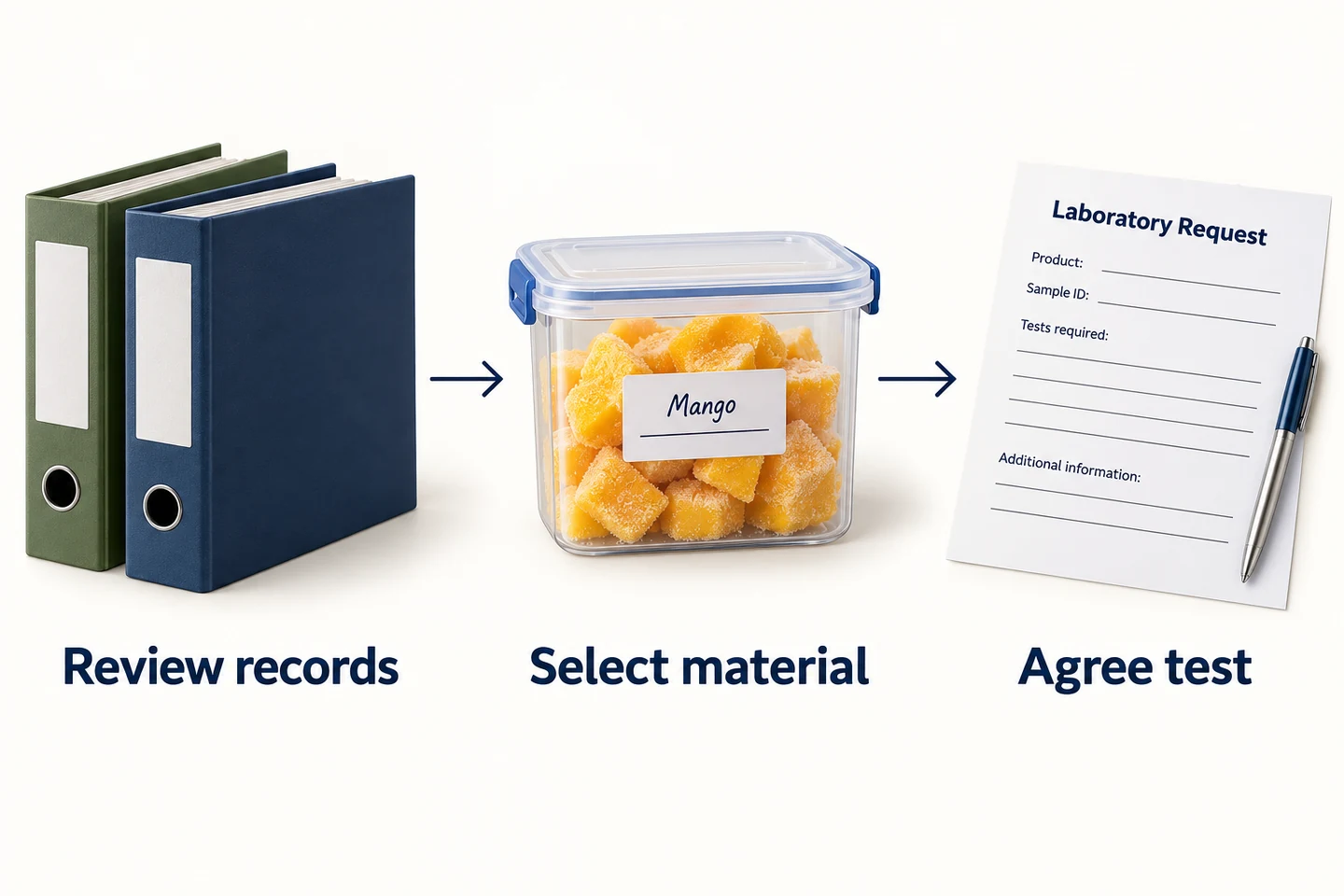 Record folders, retained material and a blank laboratory request connected in sequence