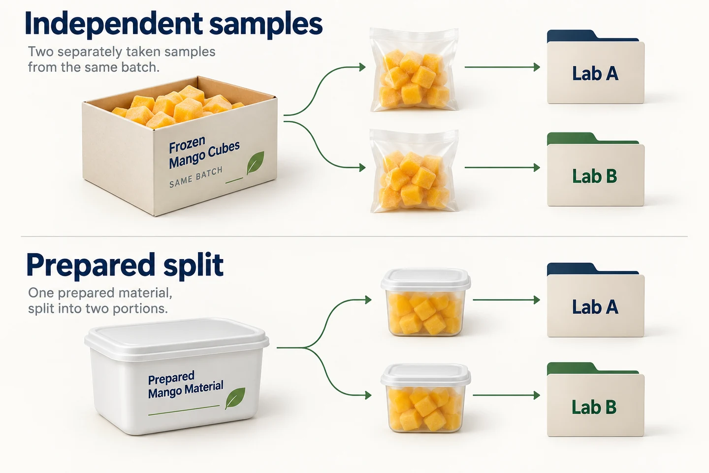 Conceptual independent lot samples and a prepared split routed to two laboratories