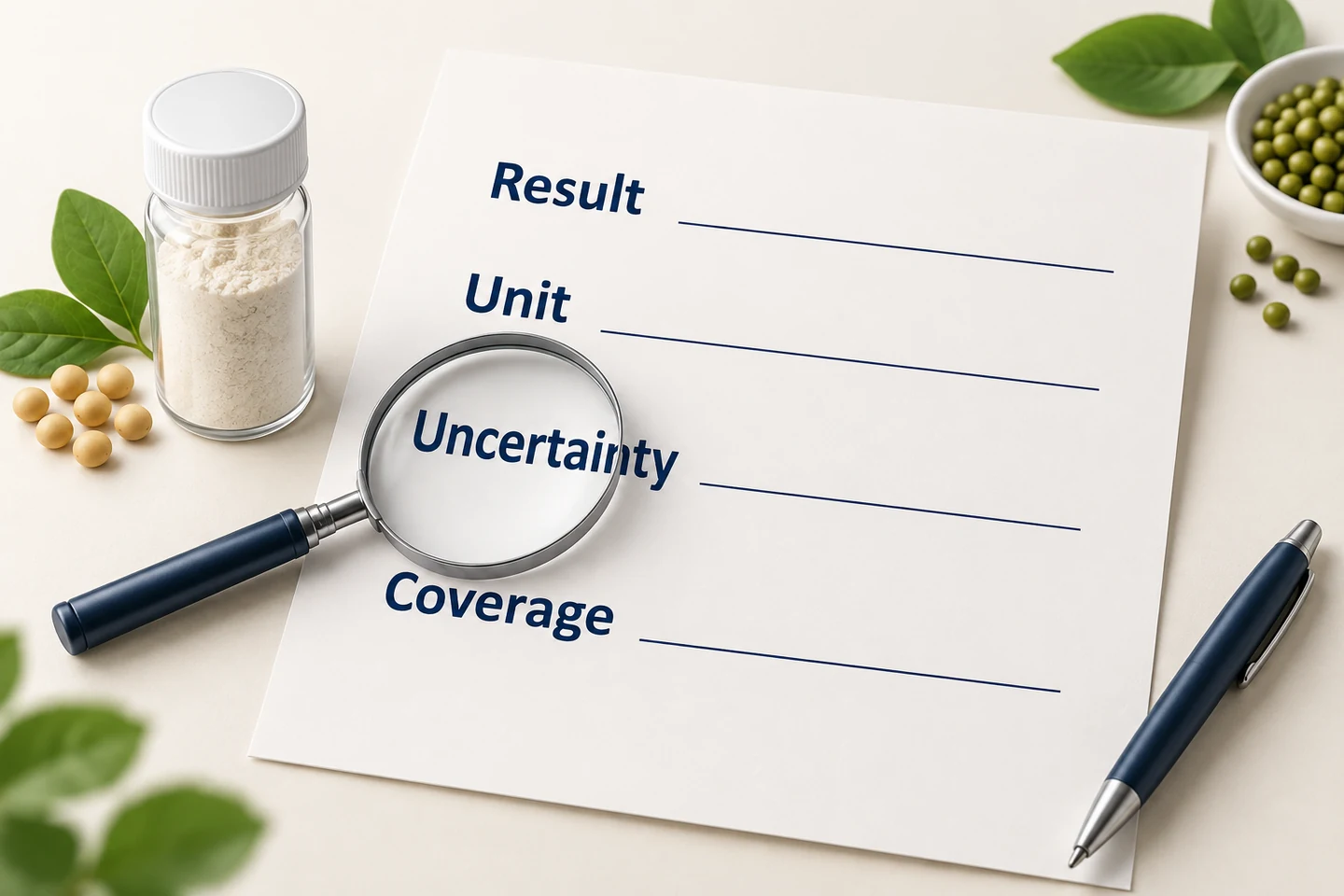 Blank explanatory report fields for result, unit, uncertainty and coverage beside a magnifying glass