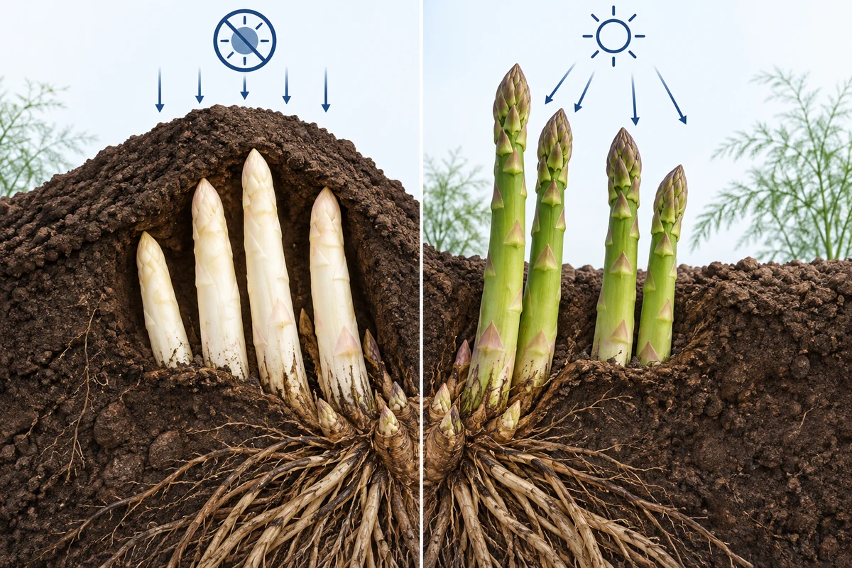 Conceptual cutaway with white asparagus under a light-blocking soil ridge and green asparagus in sunlight
