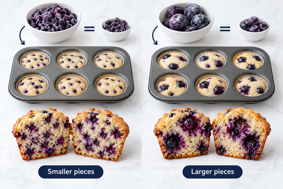Lehrvergleich vergleichbarer Muffinportionen mit veränderter Fruchtgröße oder Dosiermenge Schematische Darstellung vergleichbarer Muffinportionen, bei denen nur Fruchtgröße oder Dosiermenge verändert wurde.