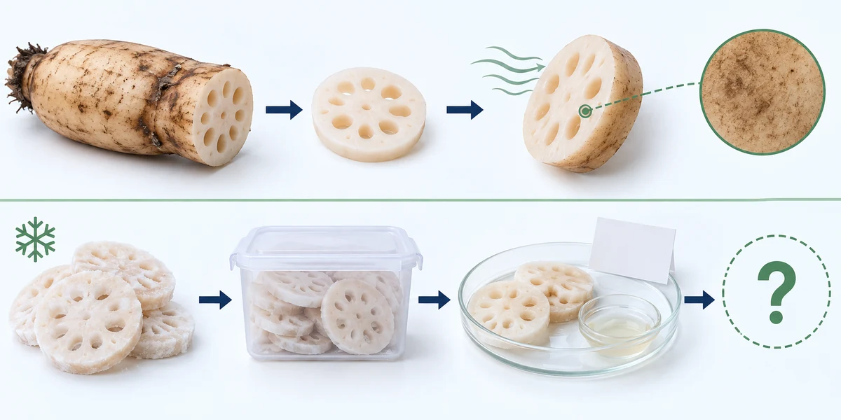 Fresh-cut and frozen-thaw lotus-root observation paths Two separate conceptual lotus-root paths show fresh-cut browning and an unresolved frozen-thaw observation