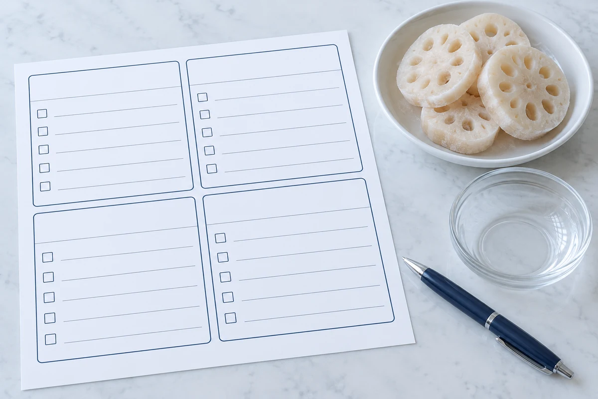 Blank lotus-root appearance observation record Blank four-part observation sheet beside frozen lotus-root slices and an empty liquid dish