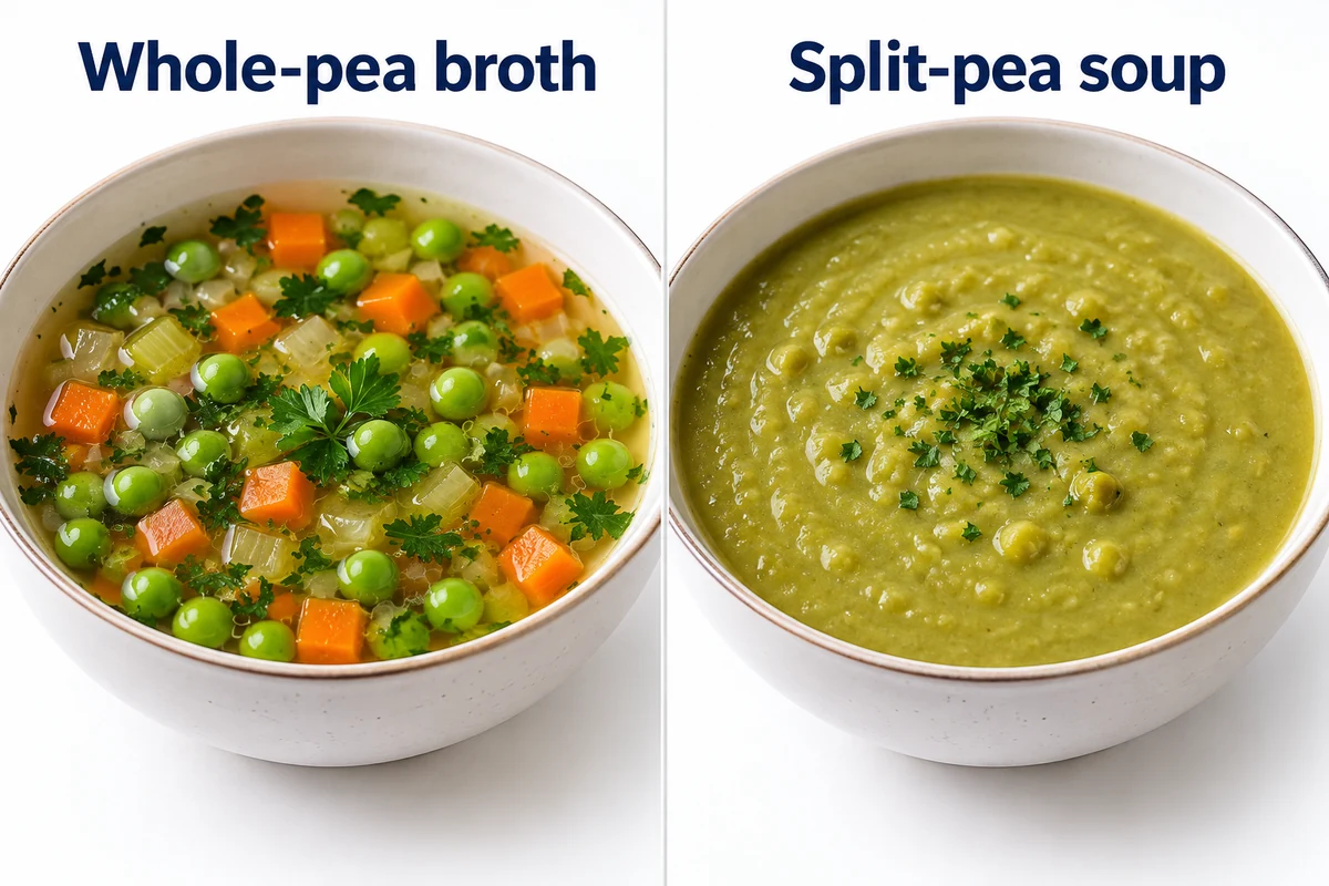 Choose the finished soup structure Clear broth with whole peas beside a thick split pea soup