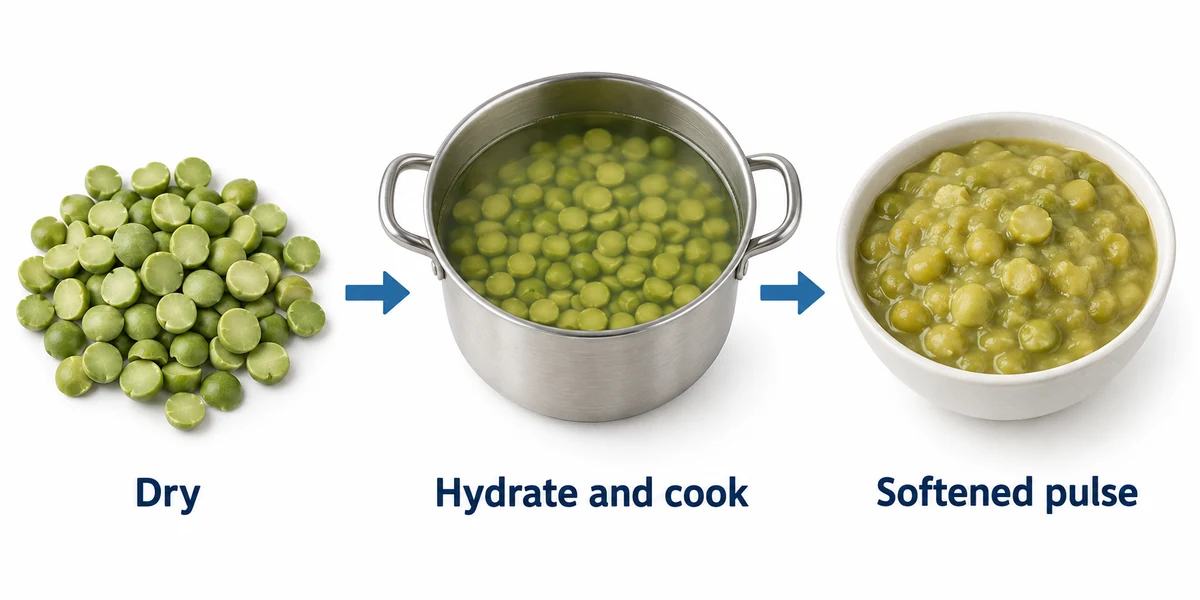 Water and cooking change the dry pulse Dry split pea halves passing through a pot of water to softened cooked pulse