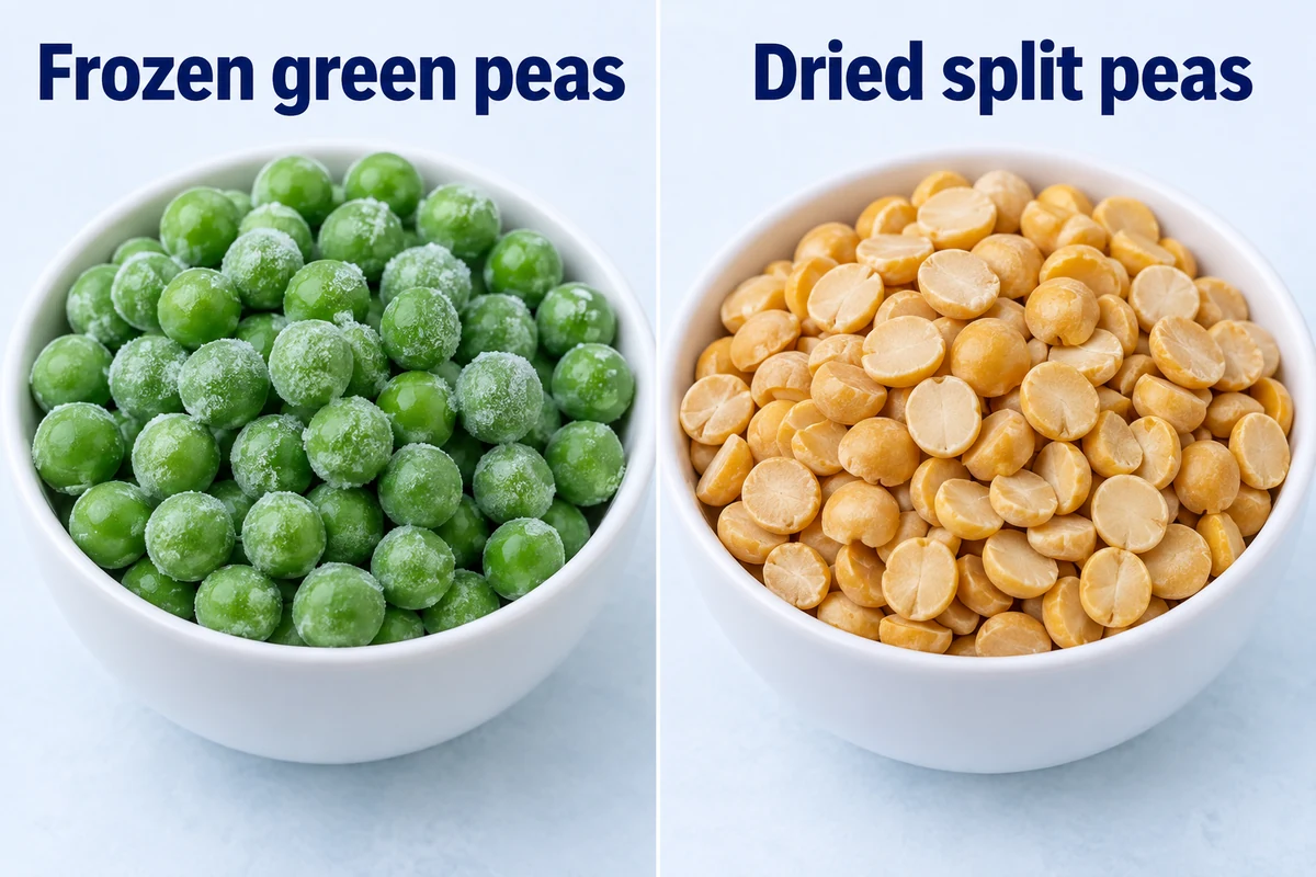 Whole vegetable peas and dry pulse halves Whole frozen green peas beside matte yellow dried split pea halves