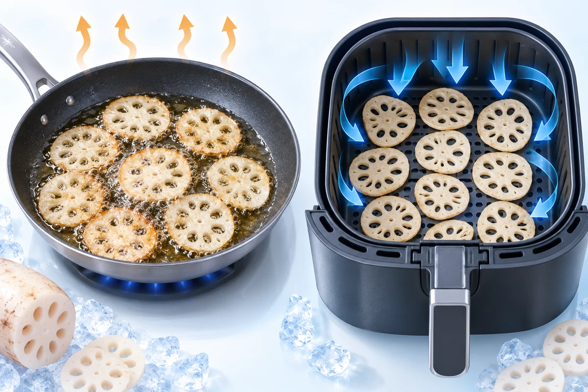 Oil frying and air frying lotus slices Illustrated shallow oil pan and air fryer basket holding thin lotus-root rounds