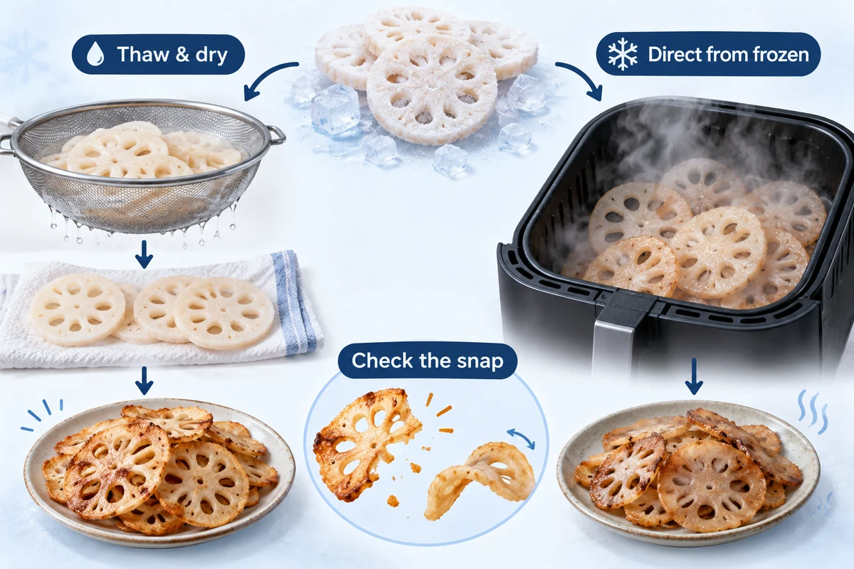 Thaw-and-dry versus direct-frozen lotus chips Illustrated frozen lotus rounds compared after thawing and drying versus direct cooking