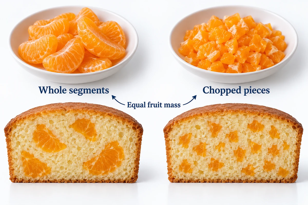 Compare whole and chopped mandarin pieces Whole and chopped mandarin segments above conceptual cake slices with different inclusion distribution