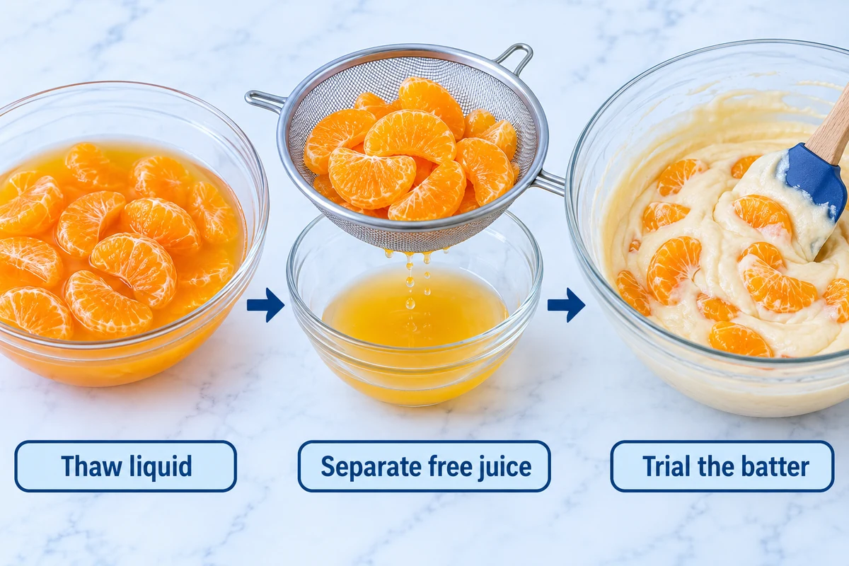 Separate free juice for a controlled cake trial Thawed mandarin segments moving from a juice bowl through a sieve into cake batter
