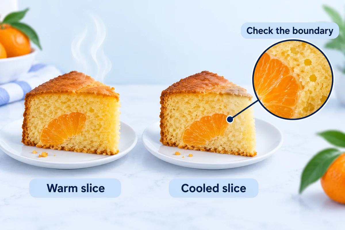 Inspect the cooled fruit boundary Warm and cooled mandarin cake slices with a magnified fruit and crumb boundary