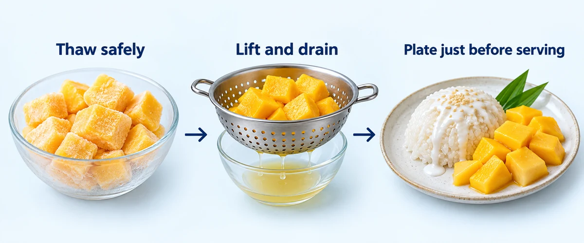 Secuencia de preparación de arroz glutinoso con mango Ilustración de descongelación, escurrido y emplatado de mango congelado junto a arroz glutinoso con coco