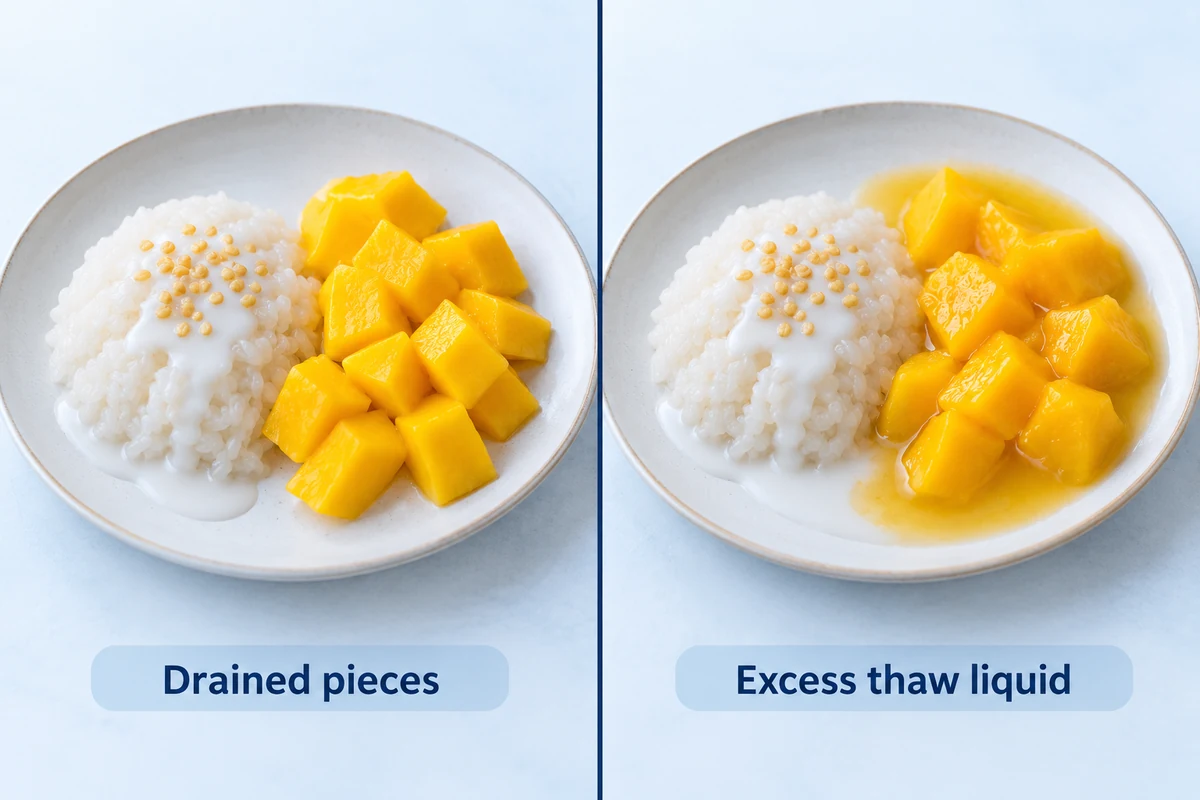 Efecto del líquido de descongelación en el arroz glutinoso con mango Platos conceptuales de arroz glutinoso uno junto a otro con trozos de mango escurridos y húmedos