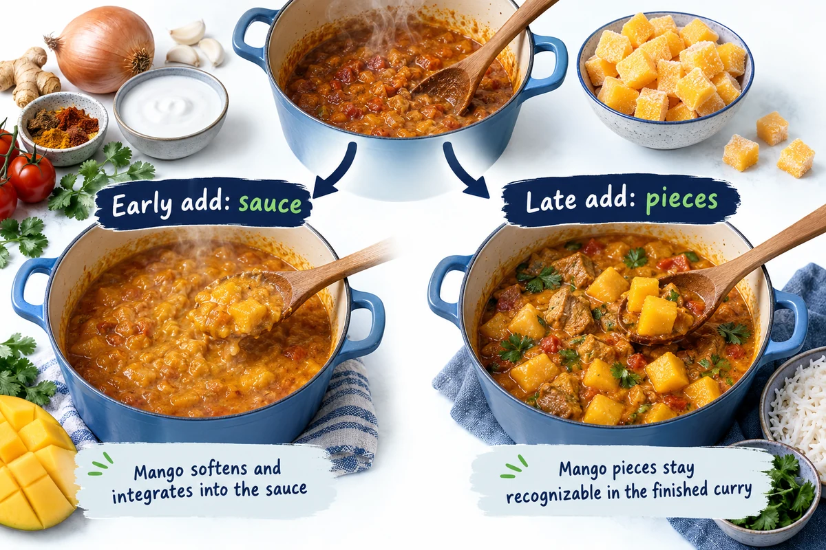 Frozen ripe mango addition timing in curry One curry base branching toward dissolved mango sauce or visible late-added fruit
