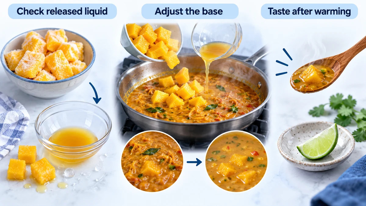 Released mango liquid and curry sauce balance Mango thaw liquid shown separately before joining a curry pan and tasting spoon