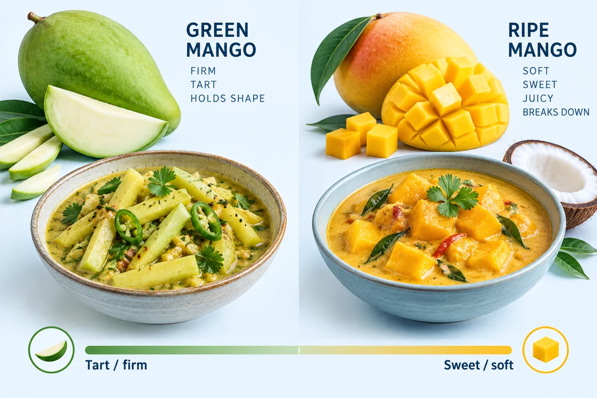 Green mango and ripe mango curry roles Green firm mango and golden ripe mango shown with different curry roles