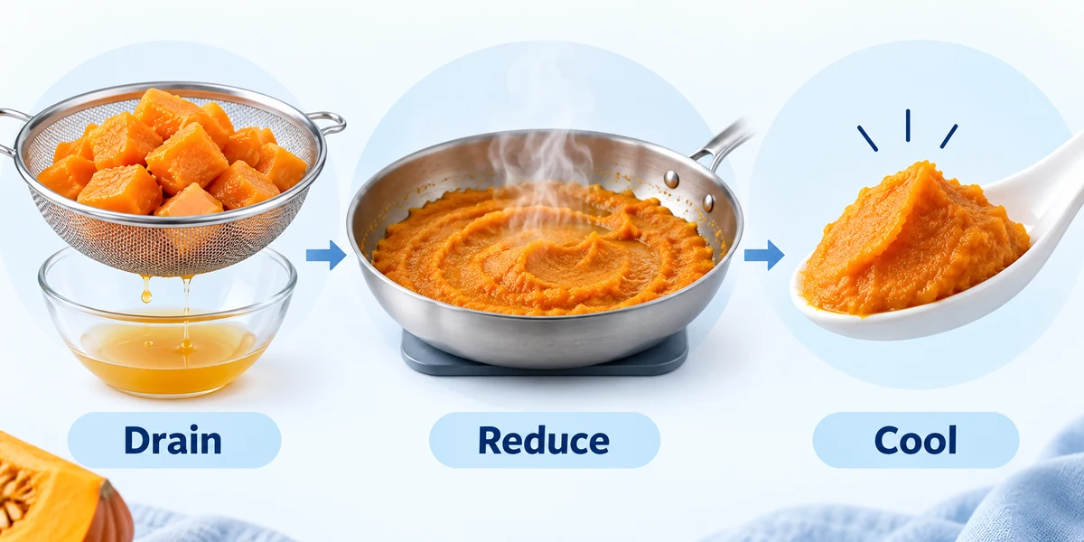 Prepare pumpkin before flour Pumpkin draining in a sieve, reducing in a pan and cooling as a thick puree