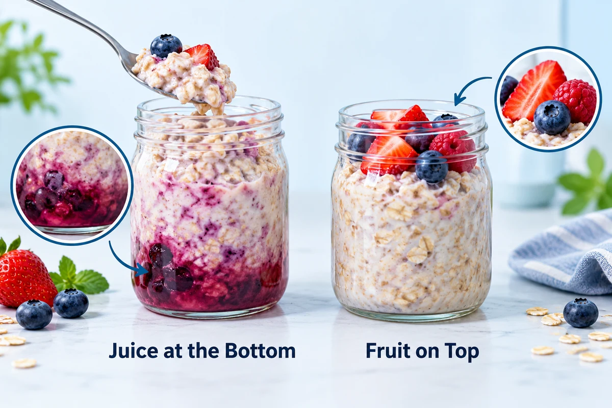 A jar with visible berry juice beside a layered oat jar with distinct fruit on top