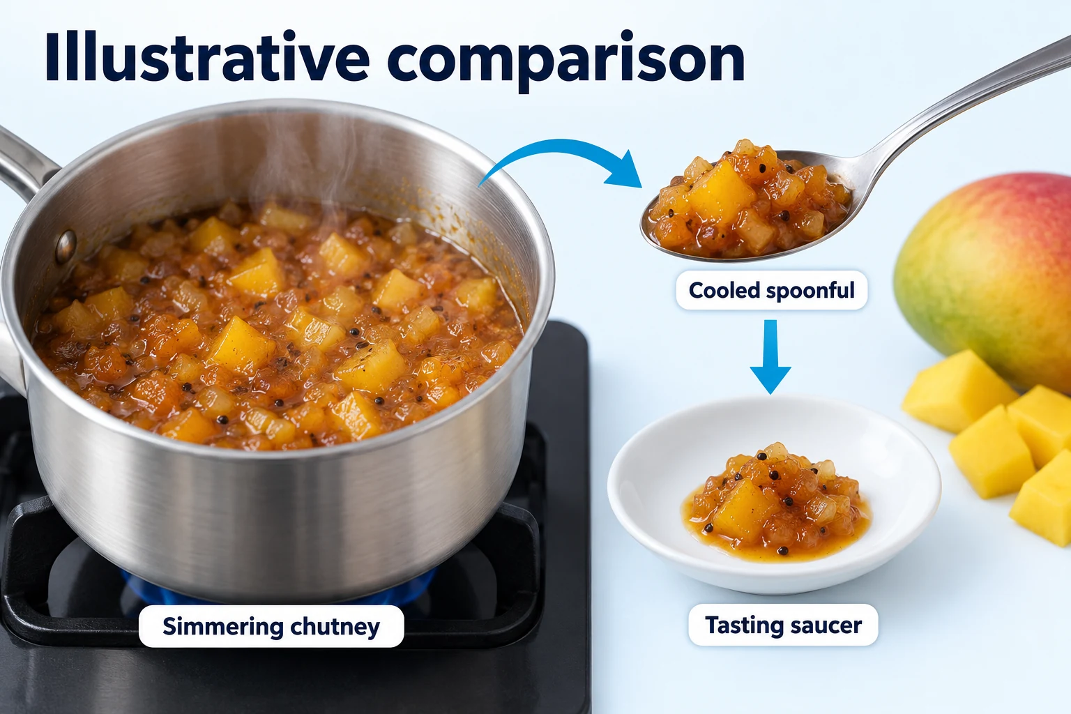 Cooled mango chutney spoon check Illustration of simmering mango chutney a cooled spoonful and a tasting saucer